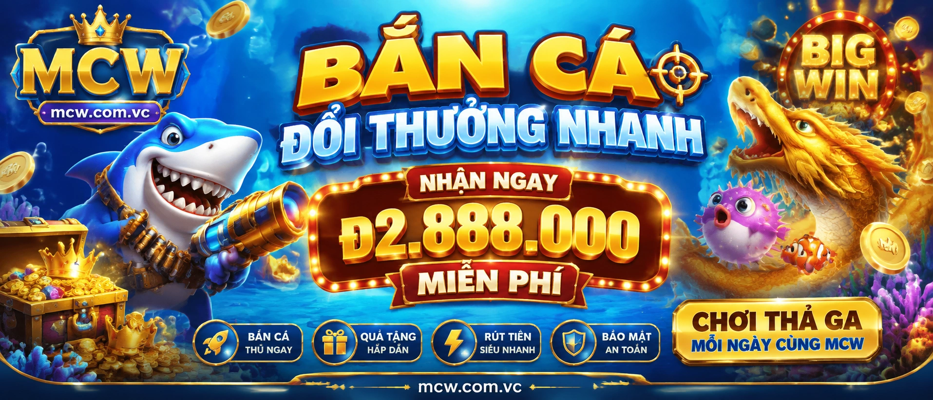 MCW Bắn Cá giao diện mobile với chủ đề đại dương và phòng game